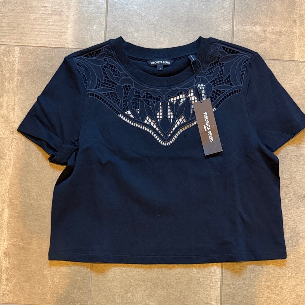 Veronica Beard Black Cropped Tee with Lace Yoke Detail